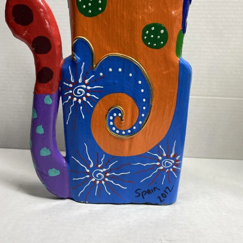 Hand-Painted Wooden Cat Figure Multicolor Folk Art Sculpture - Picture 4 of 14